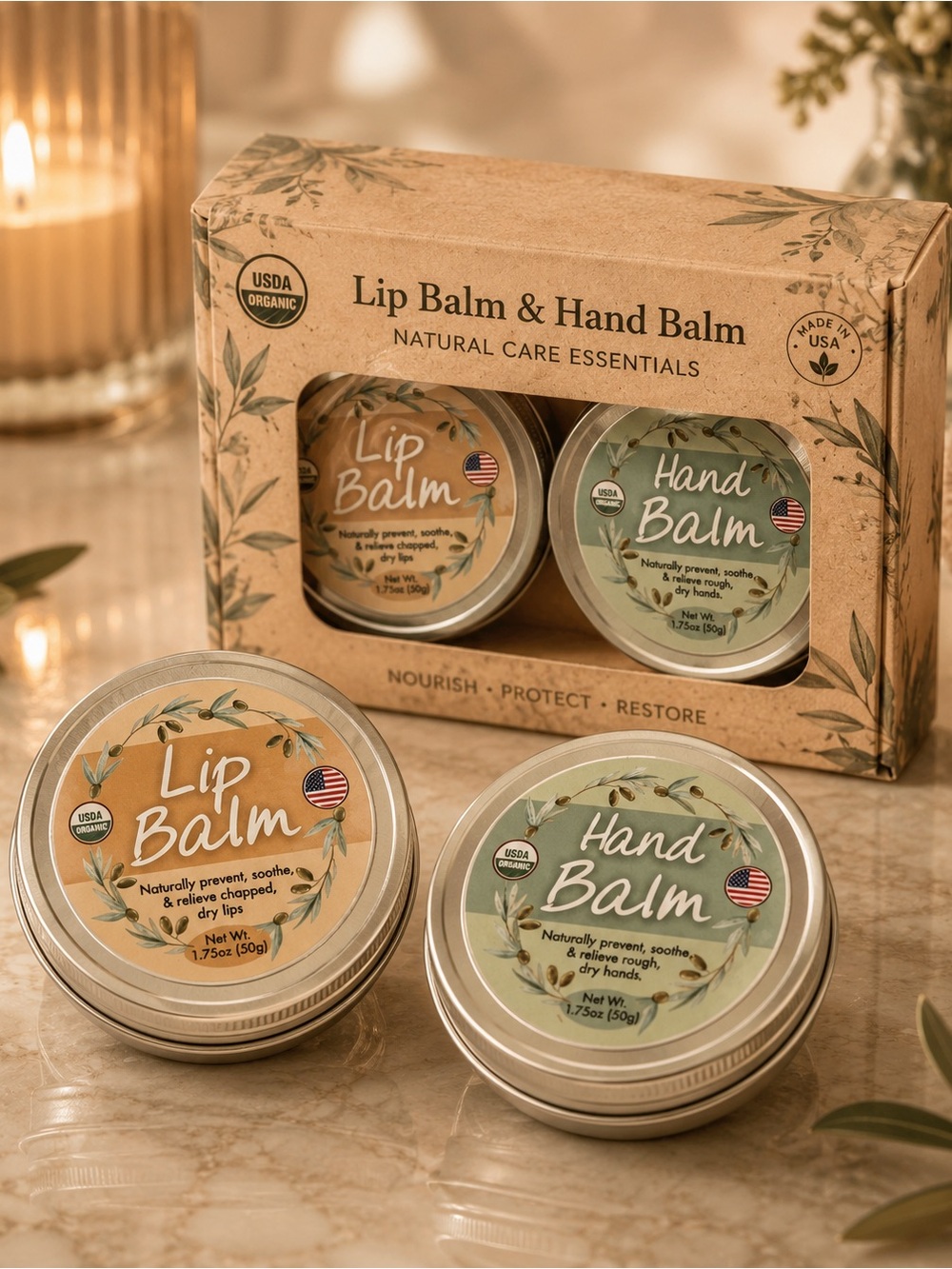 Organic Lip Balm & Hand Balm Set - Natural Nourishing Care (Green & Tan)